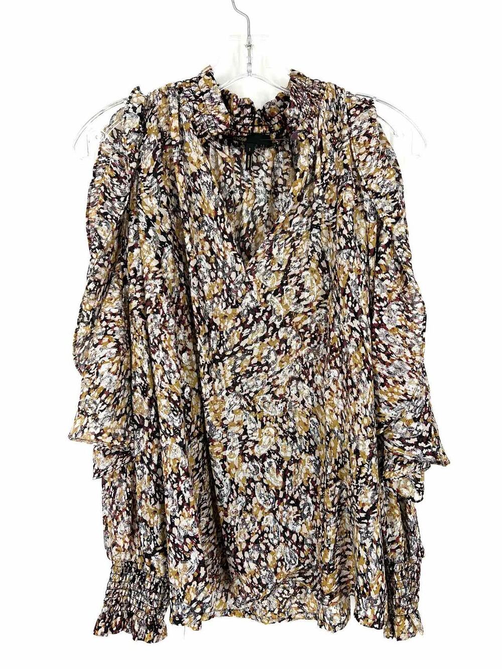 Maje Size S Tan/Black Print Metallic Designer Top-Long Sleeve